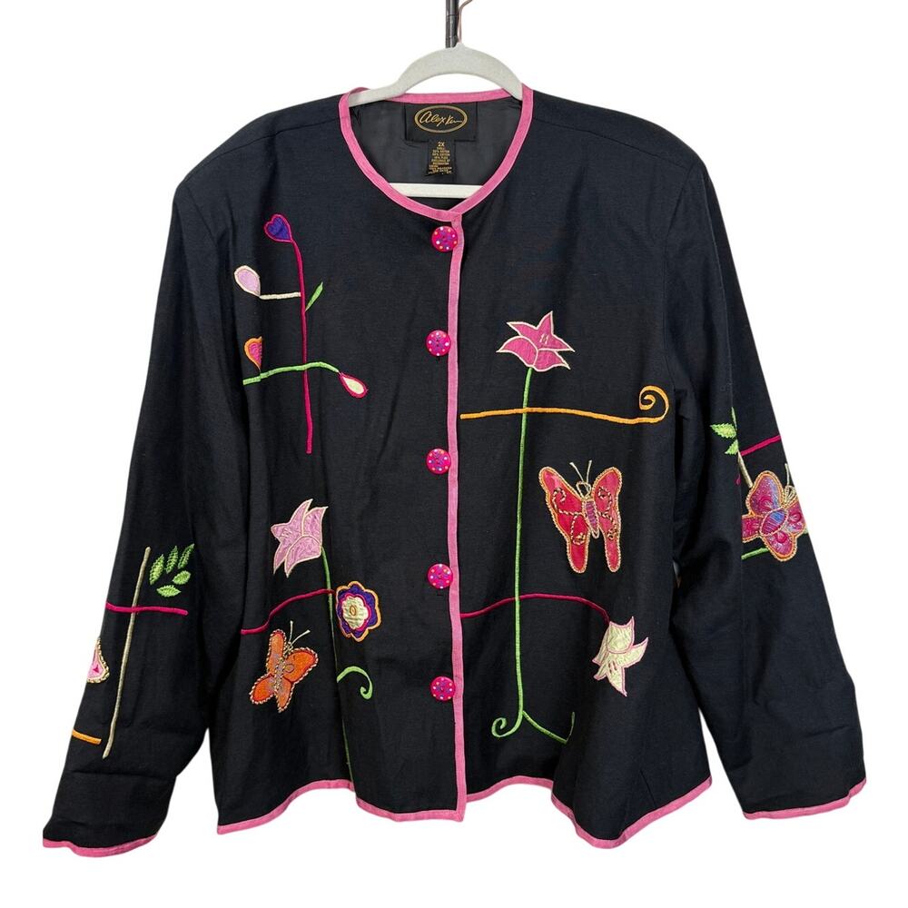Alex Kim Embroidered Butterfly Jacket‎ Black Pink Floral Artsy Boho 2X